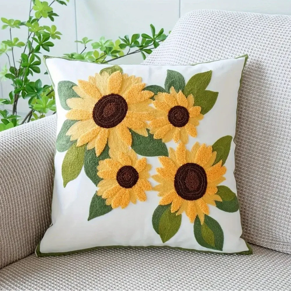Sunflower Throw Pillow Case Cover Summer Spring Embroidered NEW Floral Cute